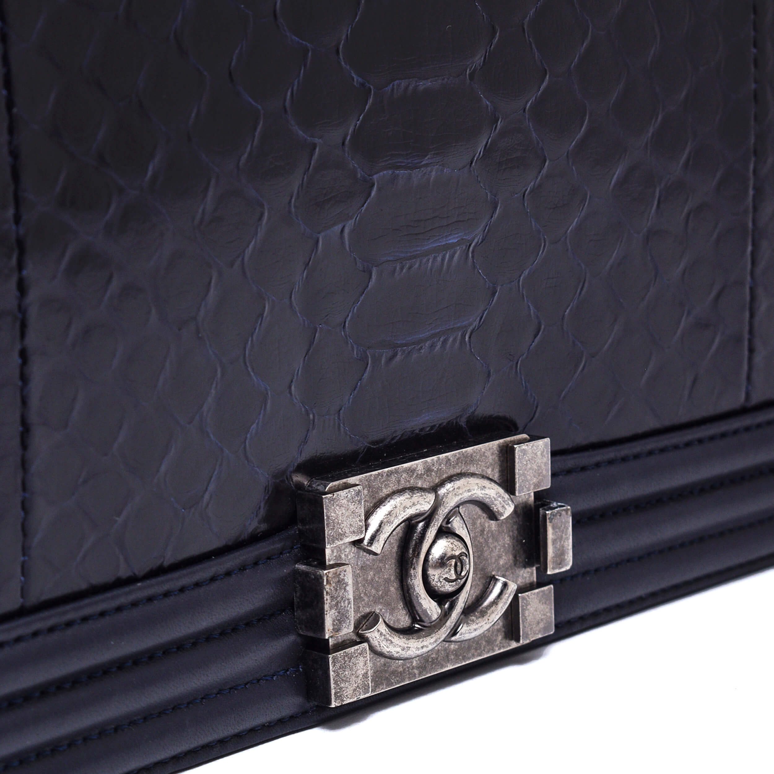 Chanel - Black & Navy Python Leather Large Le Boy Bag